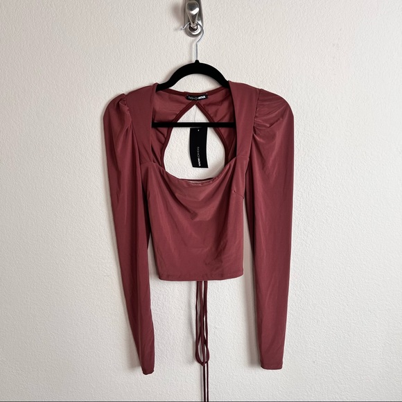 NWT Marsala Brown Puff Sleeve Square Neck Lace Up Long Sleeve Crop Top - Picture 1 of 15